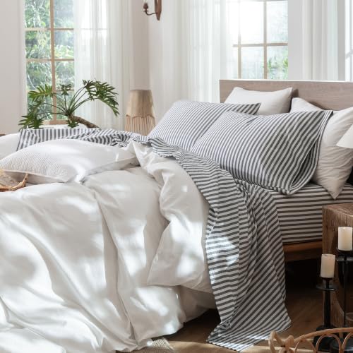 Image of MooMee Striped Sheet Set 100% Washed Cotton Linen Like King | Relaxed Linen-like Texture. Soft, Breathable & Lightweight Comfort. 15-19 inch Extra Deep Pocket with All-around Elastic