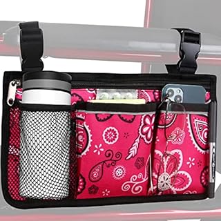 Update Flower Color Wheelchair Bag Side Organizer Storage Armrest Pouch with Cup Holder and Reflective Stripe Use Waterproof Fabric, for Most Wheelchairs, Walkers or Rollators (Red Floral)