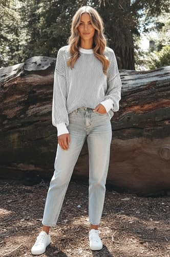 Image of Womens Sweaters Fall 2026 Clothes Oversized Striped Knit Top Winter Outfits | ETCYY Long Sleeve Colorblock Pullover Tops,Fall Sweaters For Women Trendy,Casual Work Office,Cream,Cute Oversized Sweater