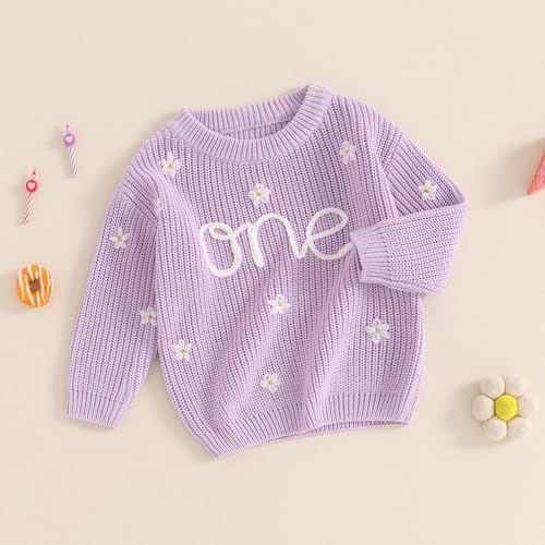 Baby Jungen Mädchen Geburtstag Strickpullover Langarm Rundhalsausschnitt One Stickerei Pullover Erster Geburtstag Rippenstrick Knitwear Baby Unsiex Erster Geburtstag Top (Lila, 9-12 Months)