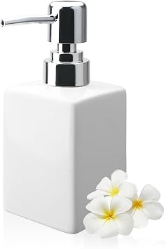 White Square Ceramic Soap Dispenser 320ml, Refillable Liquid Bottle with Anti Rust Long Spout Pump, Non Slip Base for Bathroom Vanity, Kitchen Countertop & Daily Household Use