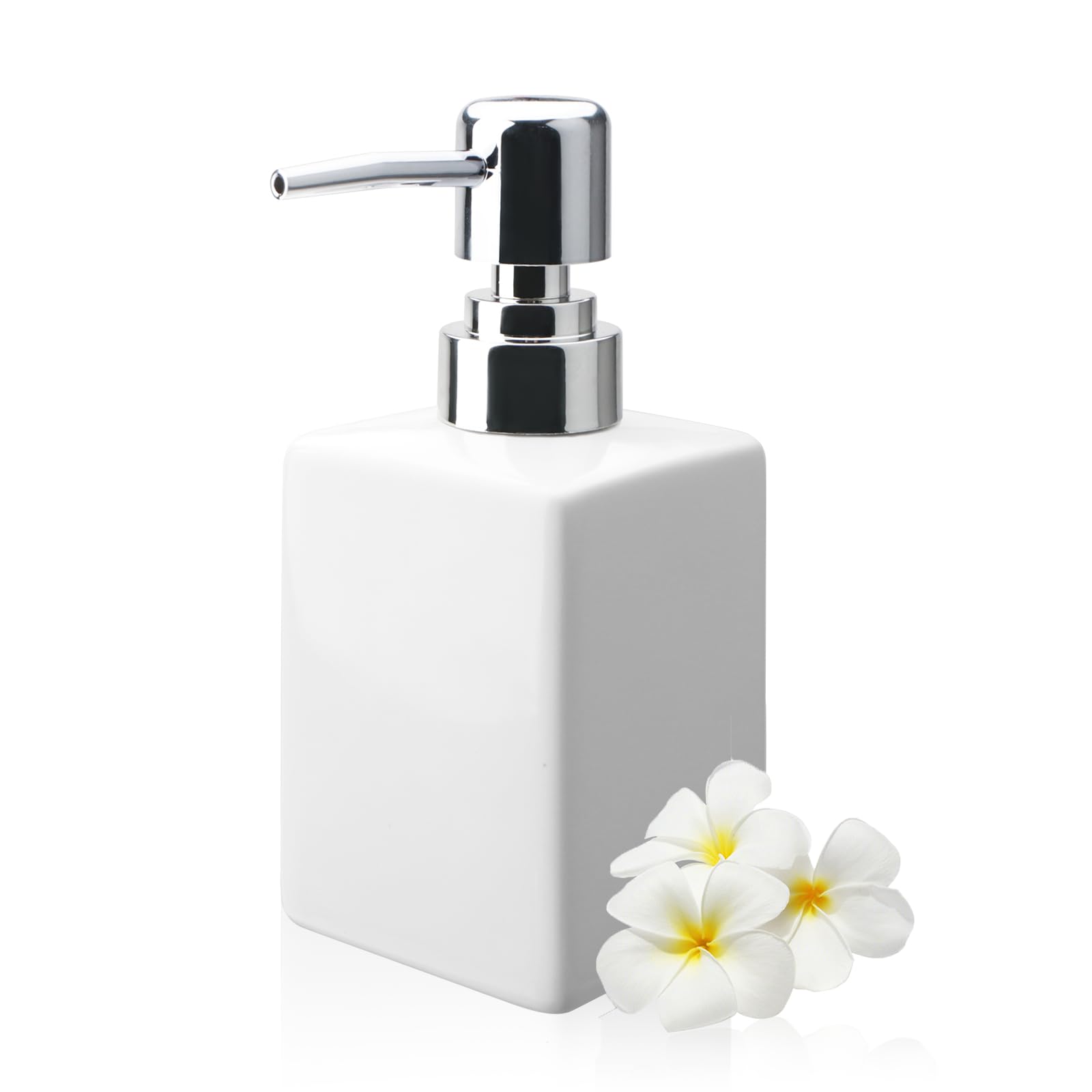 320ml White Square Ceramic Soap Dispenser, Rustproof Long Spout Pump, Refillable Lotion Bottle for Bathroom Kitchen Office Hotel Minimalist Decor