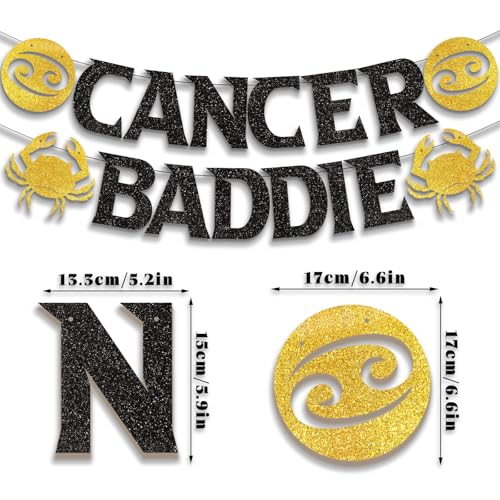 Image of Cancer Baddie Banner for June July Birthday Party Decorations, Black Gold Zodiac Cancer Birthday Banner for Horoscope, Astrology Bday Party Decor, Ideas, Jokes and Favors (Black + Gold)