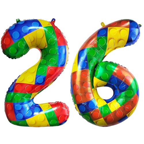 Image of 32 Inch Building Block Number 26 Balloons birthday Block Themed Large Big Helium Foil Mylar Balloon for Girls Boys Birthday Party Decoration Supplies