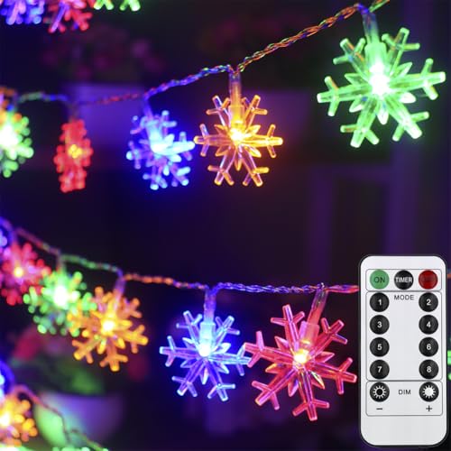Mankinlu Christmas Decorations Snowflake Lights, 30ft 60 LEDs Snowflakes Christmas Lights Battery Operated String Lights with Remote for Xmas Tree Window Curtain Outdoor Indoor Winter Decor Multicolor