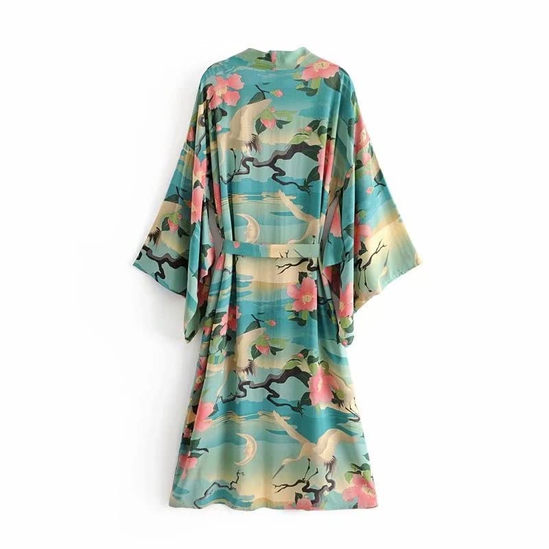 Robe Kimono Bohème Verte Imprimé Fleuri Col V Fluide S
