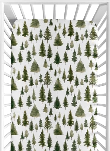 Image of Sweet Jojo Designs Fitted Baby Crib Sheets (Green Woodland Tree) for Boys or Girls, Infant Nursery, Toddler Room - Standard Size (Hunter, Forest Themed, Sage Pine Trees, Woods, Neutral, Christmas Fir)