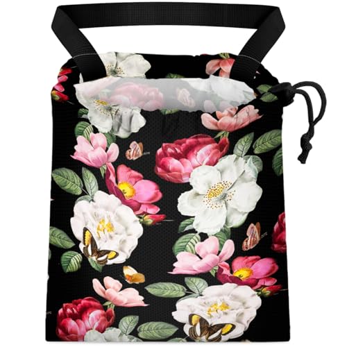 Image of Car Trash Bag Hanging Back of Seat Waterproof Small Cute Printed One-handed Strap Drawstring Garbage Bags for Car-Black Floral