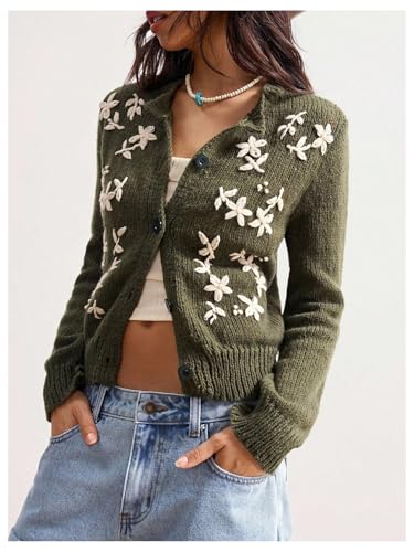 OYOANGLE Women's 3D Floral Button Down Cardigan Sweater Long Sleeve Crew Neck Knitted Sweaters2