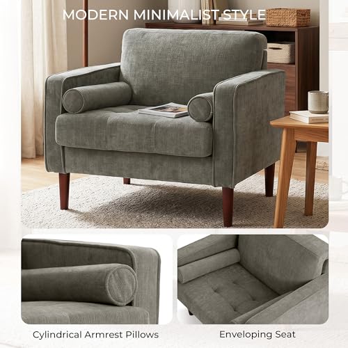 Image of Accent Chairs Stet of 2, Chenille Upholstered Armchairs for Living Room, Comfy Single Sofa Bedroom Reading Seat with 2 Bolster Pillows, Taupe