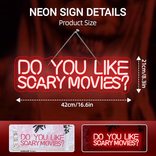 Image of Do You Like Scary Movies Neon Sign Horror Cinema Neon Signs for Wall Decor LED Night Light for Escape Room Bar Club Party Teen Boy Man Cave Game Gothic Halloween Decoration