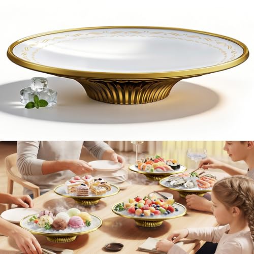 WISFISSH Gold Chilled Serving Tray with Freezable Ice Base, 7.8" Elegant Elevated Ice Platter, Dishwasher Safe & Freezer Cold Server Dish for Parties, Sushi, Seafood, Fruit & Ice Cream, Freezable
