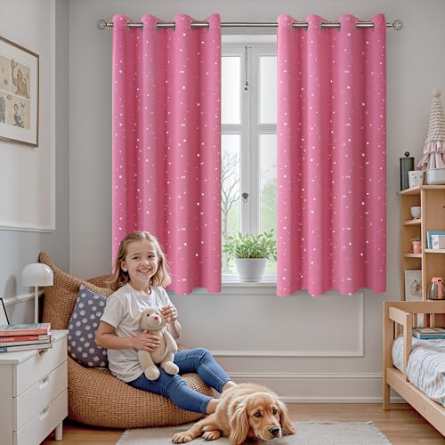 Image of BGment Pink Blackout Curtains for Girls Bedroom, Sparkling Star Curtains Thermal Insulated Grommet Window Drapes for Dreamy Cute Princess Style Room Decor, Set of 2 Panels, 42 x 63 Inch