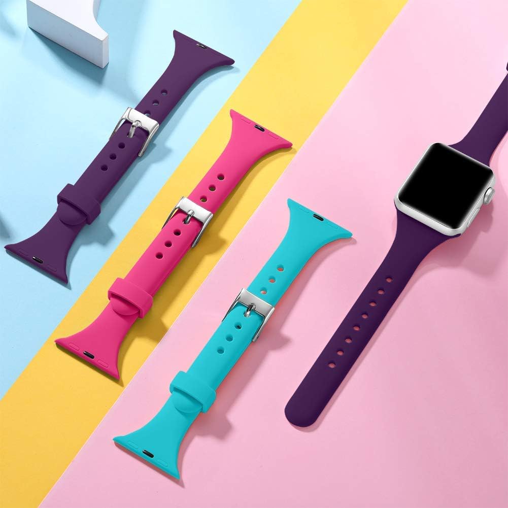 GEAK Slim Bands Compatible for Apple Watch Series 5 38mm 40mm Series 4, Soft Narrow Silicone iwatch Bands 38mm Womens for Apple Watch Series 3/2/1,3Pack Apple Watch 5 Band 38mm/40mm S/M Rose/Plum/Teal