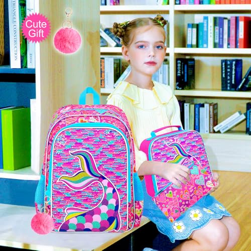 Image of CCJPX 3Pcs Mermaid Backpack, 16 inch Girls Sequin Bookbag with Lunch Box, Kids Water Resistant Elementary School Bag for Kindergarten Preschool Toddler (Rose)