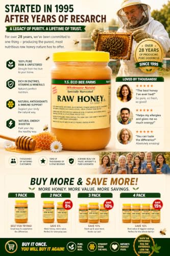 Y.S. Eco Bee Farms Raw Honey Organic Unfiltered, Organic Honey, Raw Unfiltered Honey, Pure Honey Raw Organic, Honey Jar, 2pk - 22 oz - ILIOS Packaging image 5