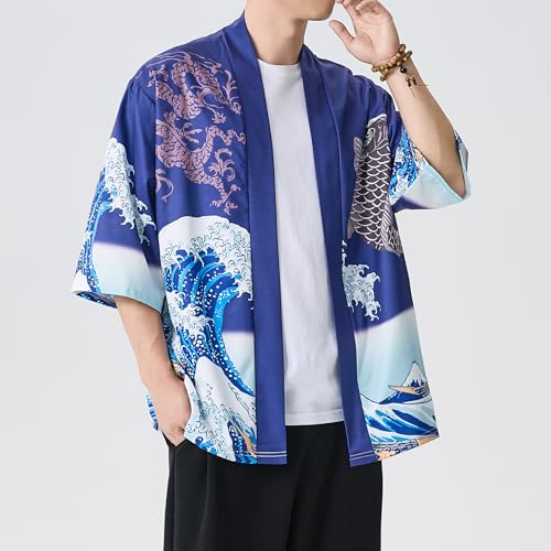 Image of PRIJOUHE Men's Lightweight Kimono Jacket Seven Sleeve Open Front Cardigan Coat Japanese Style Bathrobe