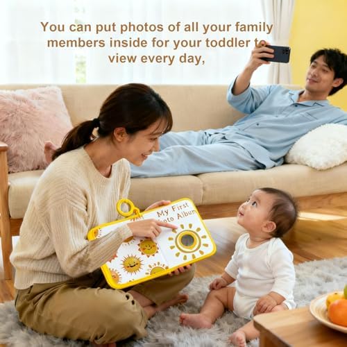 Asixxsix My First Photo Album, Soft Cloth Family Book for Toddlers with Safety Mirror and Rubber Ring, Holds 7 4x6 Photos, Perfect Newborn Baby Shower Birthday (Yellow) — view 4