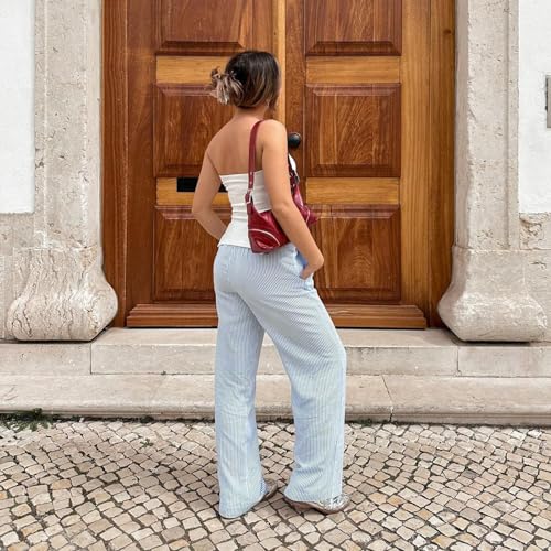 Damen Gestreifte Hose Leichte Lange Sommerhose Lose Fit Freizeithose Elastische Taille Hosen Streetwear Loungewear – Bild 6