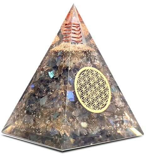 Image of Labradorite Orgone Pyramid Handmade - Orgonite Crystal Pyramid with Copper Coil - Meditation Decor, Spiritual Desk Accent, Chakra Inspired Home & Office Gift