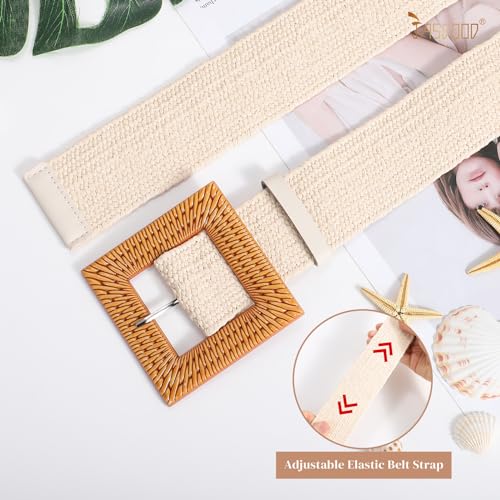JASGOOD Straw Woven Elastic Stretch Belts for Women, Ladies Wide Boho Braided Dress Belts with Square buckle,Beige4
