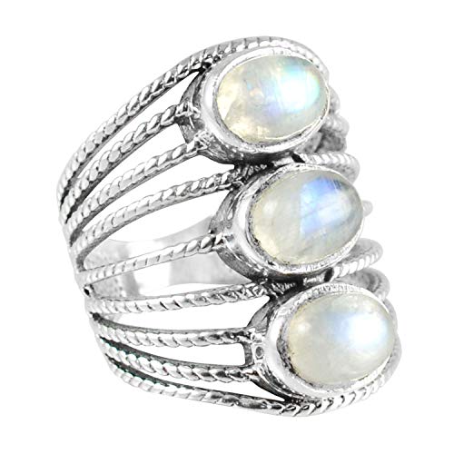 Silver Palace Anillo de plata de ley 925 con piedra lunar de arco iris de fuego azul con tres capas para mujeres y niñas Cover