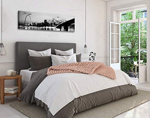 Image of DJSYLIFE Panoramic St. Louis Skyline Wall Art Cityscape Picture Black and White Canvas Print Night View Urban Landscape Modern Artwork Office Bedroom Decor Framed and Ready to Hang 13.8 inchx47.3 inch