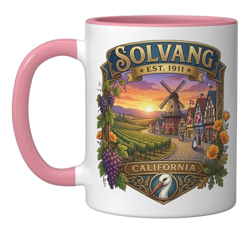 Solvang California Danish Capital of America Souvenir Ceramic Mug, Pink/White