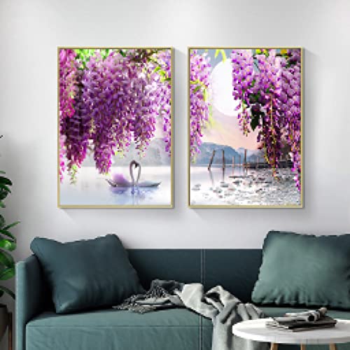 Arte de la pared pintura de lago y flores decoración salón tríptico naturaleza nórdica 3