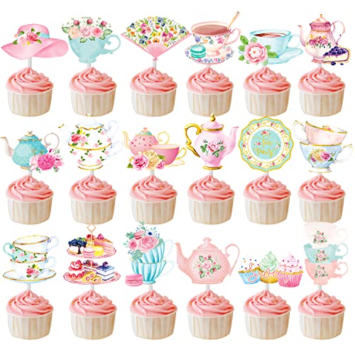 36Pcs Tea Party Cupcake Toppers Teapot Cupcake Toppers Floral Tea Themed Birthday Party Cake Picks Afternoon Tea Decorations for Baby Shower Supplies by CANDY CHEF - Image 2