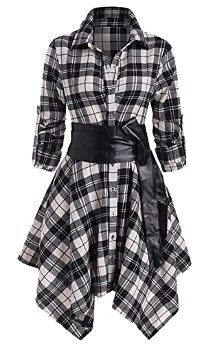 Women Plaid Shirt Dress with PU Waist Belt A-Line High Low Tunic Dresses Elegant Vintage Button Down Dress S-XXL