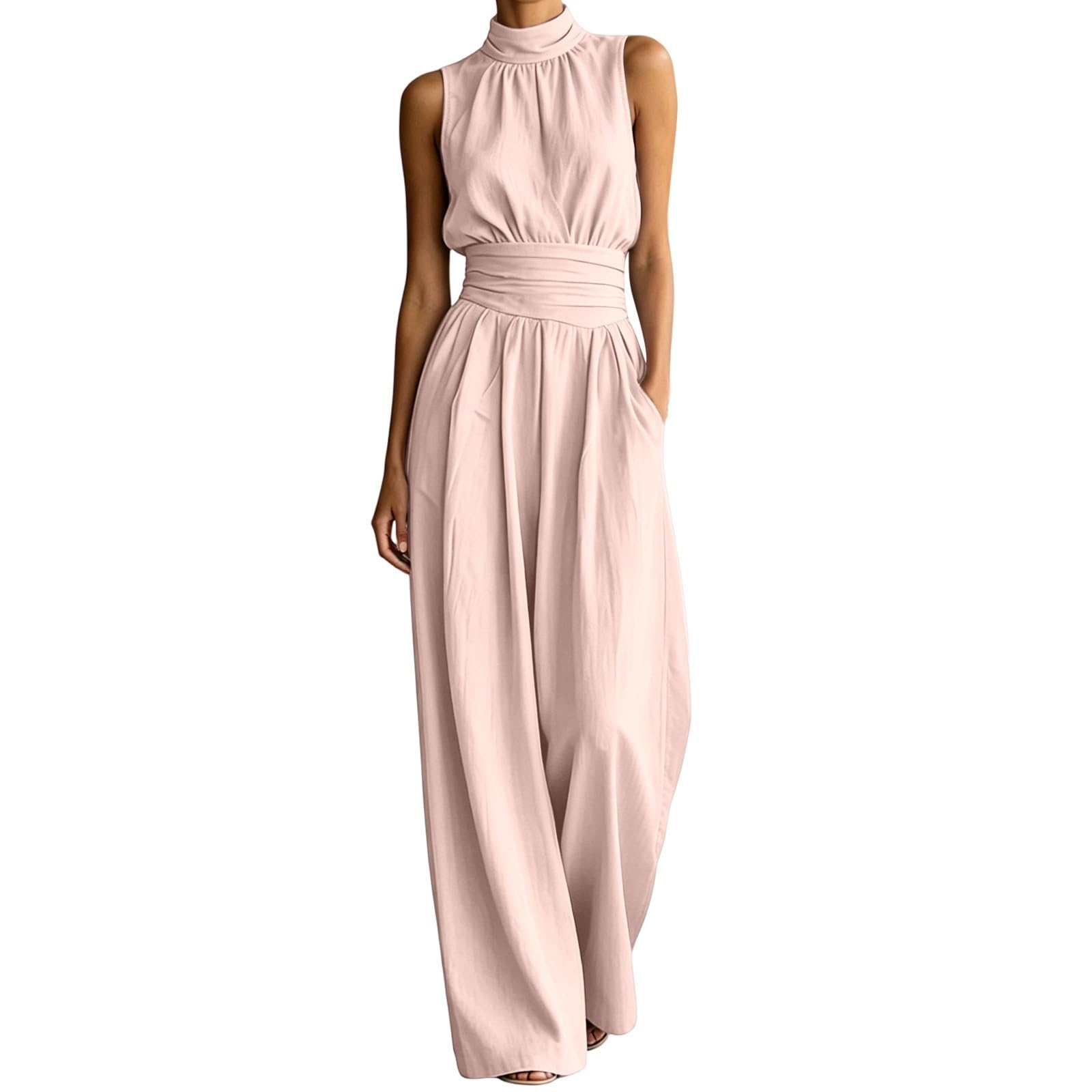 WWricotta Lino Mono Mujer Elegante Media Manga Cuello en V Color Liso Moda Mujer Mono Casual Calle Glamour Monos Cintura Entallada con Bolsillo Ligera Cómodos para Fiesta Bodas Trabajo Oficina