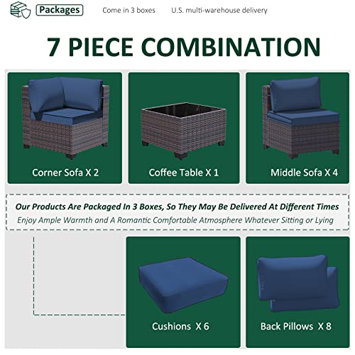 Image of 7 Pieces Outdoor Patio Furniture Set,Outdoor Sectional Furniture All Weather PE Rattan Wicker Patio Conversation Set with Coffee Table and 6 Thickened Cushions,Navy Blue