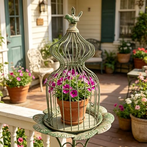 Vintage Decorative Metal Plants Stand, Distressed Hanging Birdcage Multi-Functional Planter & Candle Holder for Wedding, Home, Garden, Patio, Party Centerpiece Decor 16.9'' (Distressed Green)