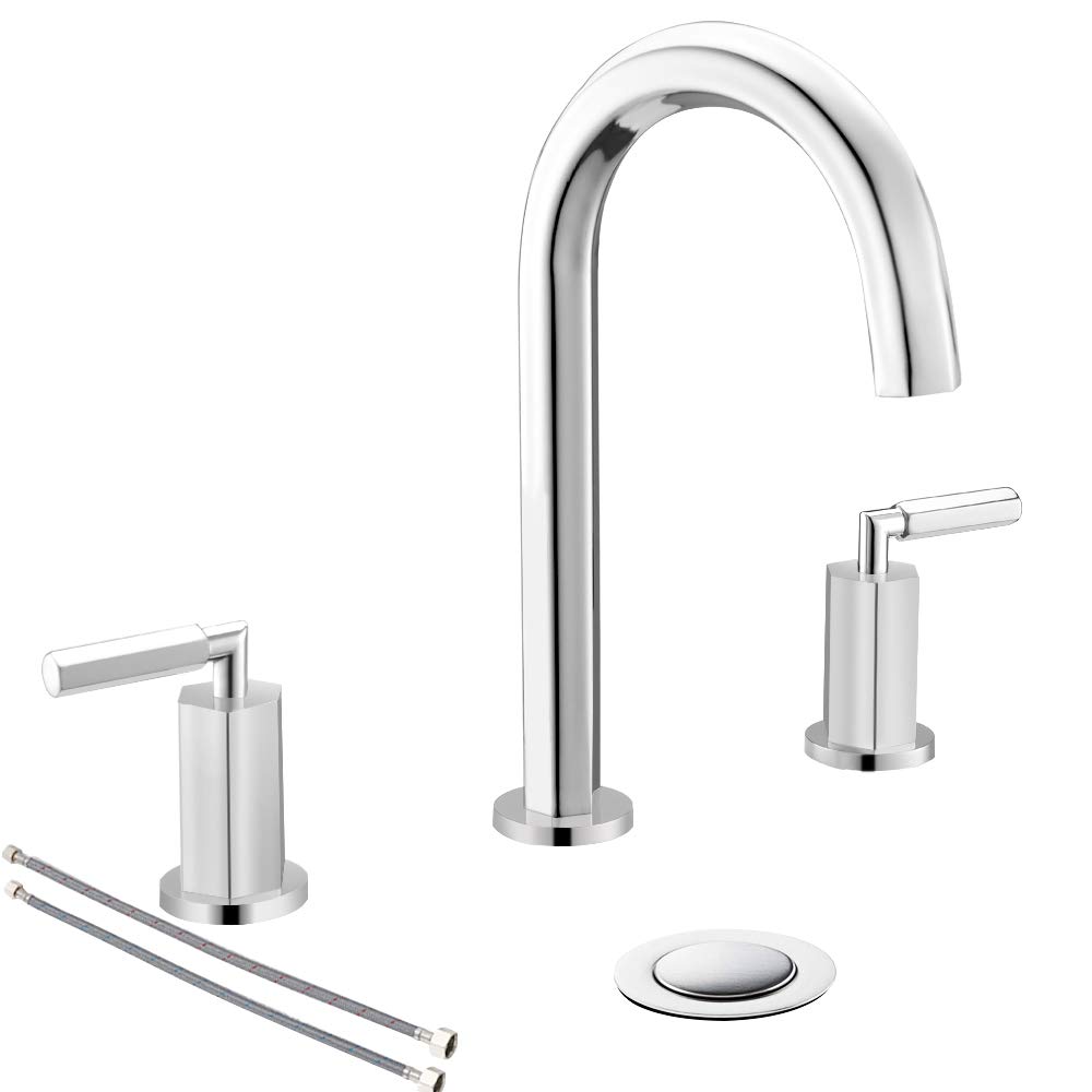 2 Handles 3 Holes Hexagonal High Arch Modern Polished Chrome Widespread Bathroom Faucet by Phiestina, Bathroom Sink Faucets with Stainless Steel Metal Pop Up Drain, NS-WF001-6-C