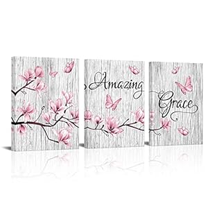 Visual Art Decor Amazing Grace Quote Gift Canvas Prints Wall Art Elegant Pink Magnolia Flowers with Butterfly Painting Rustic Grey Farmhouse Wooden Background Picture for Living Room Bedroom Bathroom