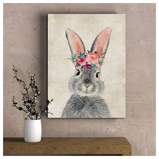 ORIDOMY Retro Bunny Rabbit Canvas Wall Art Country Animal Painting Cute Rabbit with Garland Wall Décor Home Artwork for Nursery Decor Bathroom Bedroom Kitchen Kid's Room Decoration 12x16inch