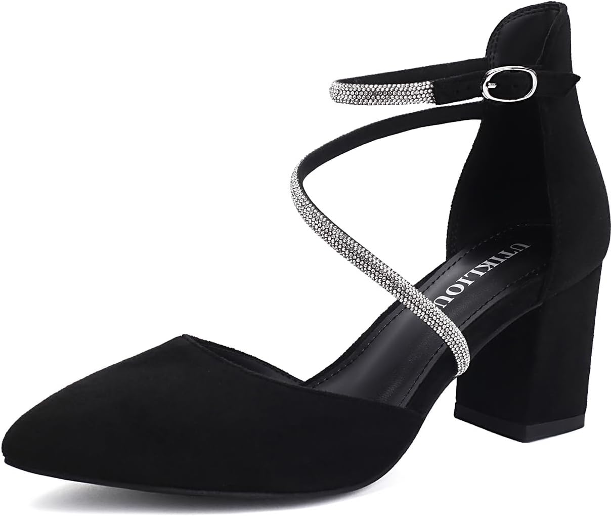 UTIKLIOU Dress Shoes for Women Low Heel Pumps Wedding Shoes Rhinestone Ankle Strap Pointed Toe Chunky Heels