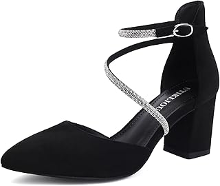 Women's Chunky Heels Pump Shoes Rhinestone Ankle Strap Pointed Toe Pumps Wedding Party Formal Dress Block Heel Shoes - Buy now