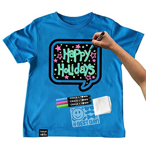 Chalk of the Town Blue Speech Bubble Chalkboard Short Sleeve T-Shirt Kit for Kids with 3 Markers and 1 Stencil (Youth Medium)