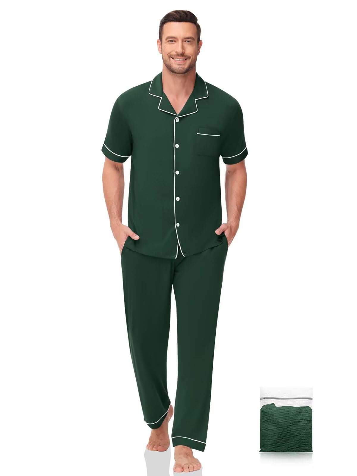 YOPUGEE Men Pajamas Set Two Pieces Short Sleeve Sleepwear Button Down Loungewear Set Soft Modal Pj Set with Pockets