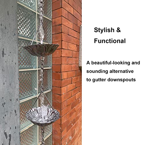 Jemeni 8.5' Length Metal Water Lily Flowers Rain Chain for Gutters Downspouts, Antique Silver - Thumbnail 4