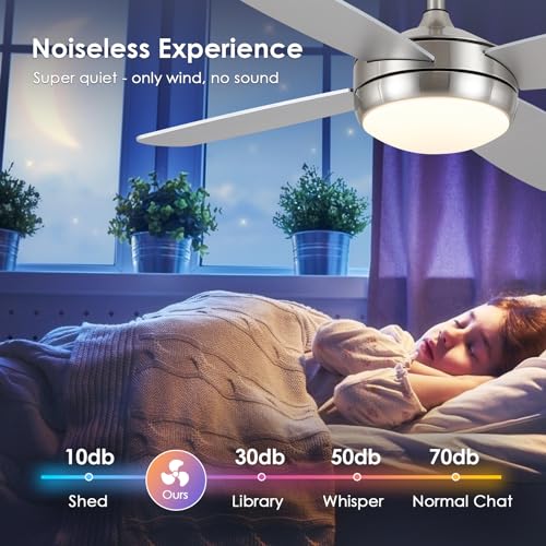 Asyko 42 Inch Ceiling Fans With Lights, Modern Ceiling Fan With Lights And Remote Control/App, Reversible Dc Motor And Dimming, Low Profile Ceiling Fans For Indoor Bedroom, Brushed Nickel thumb #5