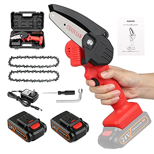 Foonsen Mini Chainsaw Cordless, 4 Inch Handheld Small Chainsaw Rechargeable Battery Powered, One-Hand Operated Electric Portable Chain Saws for Trees Trimming and Branch Wood Cutting, Red