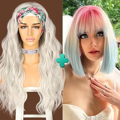 SAPPHIREWIGS Gray Silvery Wavy Headband Wigs and Short Bob Wigs Straight Rainbow Colorful Wig Cover