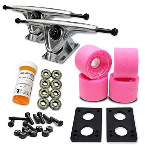 Yocaher Longboard Skateboard Trucks Combo Set 71mm Wheels + 7"/180mm Heavy Duty Aluminum Polished Trucks, Bearing, Riser Pad, and Longboard Hardware Package (Solid Pink Wheel & Polished Trucks)