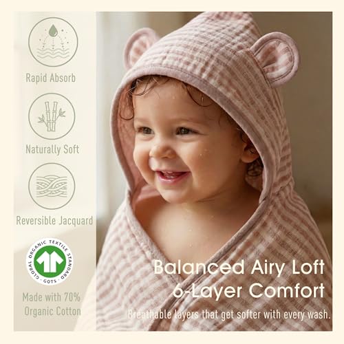 Image of Ultra-Soft Muslin Toddler Hooded Towel - 55 x 28 Inches, Made with Organic Cotton, Gender-Neutral Dusty Pink Striped Jacquard Pattern, Ideal for Bath & Beach, Newborn to Toddler