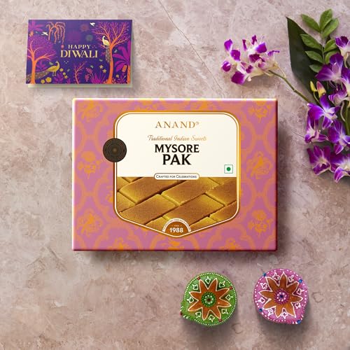 Image of ANAND Diwali Sweets Gift box | Mysore Pak (200g) + Diya + Greeting card Combo | Mouth Watering Authentic Dish | No Preservatives | Mithai Box for Diwali