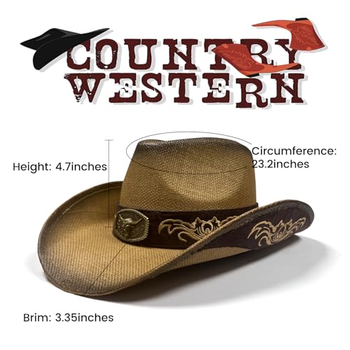 Image of Cowboy Hats for Women, Brown Cowgirl Hats Classic Straw Western Hats for Women Music Festival Party Beach.