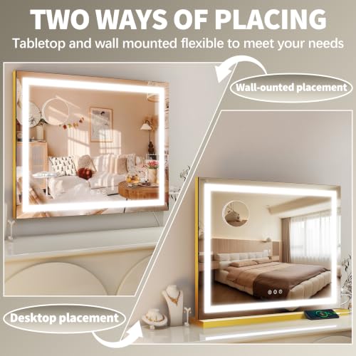 Image of FENNIO 23 inch x 18 inch Vanity Mirror with Lights,LED Makeup Mirror,Hollywood Mirror with 3 Color Modes & Adjustable Brightness,Vanity Mirror Square Gold